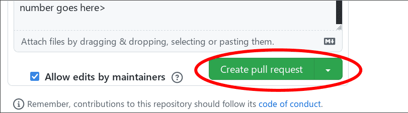 The pull request creation screen in GitHub with the "Create pull request" button circled